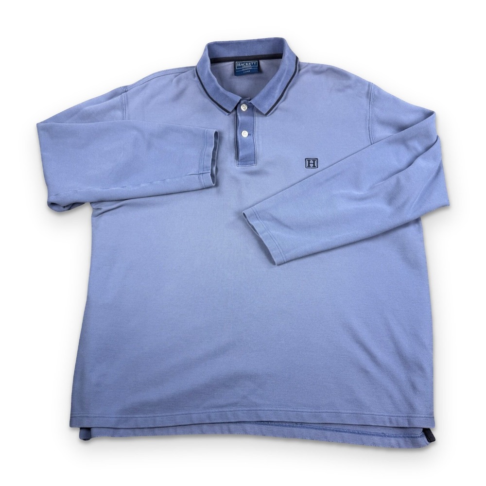 Vintage Hackett London Sun Faded Polo Mens XL Blue Long Sleeve Pique Cotton Logo